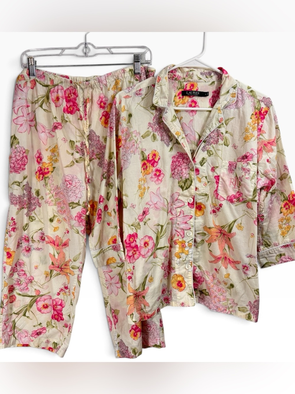 Lauren Ralph Lauren Size Large Cotton Pajama Set 2 pc pj button floral cropped